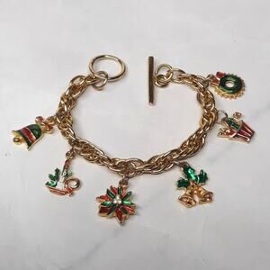 Gold Tone Christmas Holiday Charm Bracelet